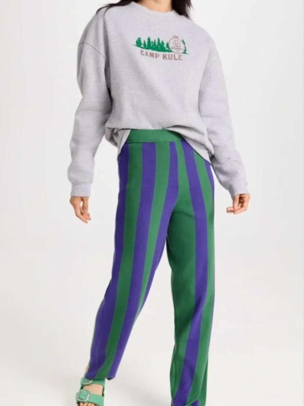 KULE The Nola Pants in Green and Grape Stripe - Small